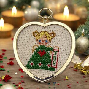 Vintage Cross-Stitch Angel Christmas Joy Ornament Heart Shaped Handmade Complete